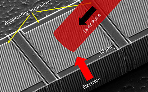 The image shows the structure of the accelerator on a chip. FAU researchers have created a test chip with three components next to one another. The focusing structures are on the left and in the middle, while the accelerating structure is on the right. At this magnification, the details of the structures are not visible. (Image: FAU/Joshua McNeur)