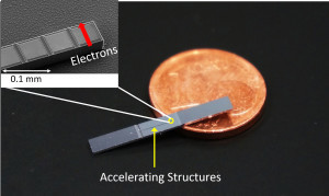 Not much larger than a one cent coin, that's how it looks: in fact the accelerator on a chip is much smaller than a one cent coin. It is so small that the nanostructure can only be seen with an electron microscope, see inset. With this new technology, particle accelerators – which are currently several kilometres long – could fit in a shoe box in the future. Bild: FAU/Josh McNeur