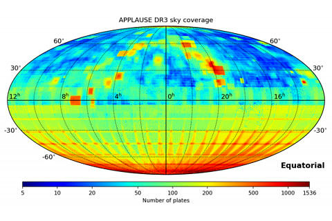 All areas of the sky have been charted in the new web database – red means that an area of sky has been recorded very often (up to 1536 times), blue are the areas that have only been recorded very rarely. Thanks to the observations of the Bamberg Observatory, the southern sky has been particularly well covered. (Image: AIP/APPLAUSE)