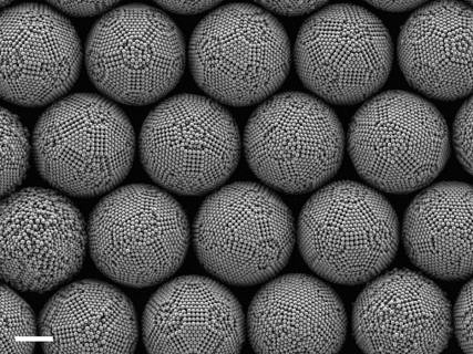 Electron microscopic images of a collection of magic number colloidal clusters.