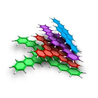 The much sought-after zigzag pattern can be found either in staggered rows of honeycombs (blue and purple) or four-limbed stars surrounding a central point of four graphene honeycombs (red and green).