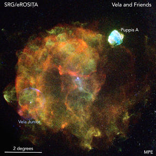 Due to its size and close distance to Earth, the ‘Vela supernova remnant’ which is shown in this picture is one of the most prominent objects in the X-ray sky. The Vela supernova exploded about 12000 years ago at a distance of 800 light-years. (Image: Peter Predehl, Werner Becker (MPE), Davide Mella)