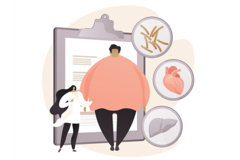 Illustration doctor and obese patient with three icons showing diseases