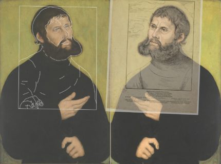 Matching contours of the faces of Luther in a “Junker Jörg” painting and woodcut lead to the conclusion that the same draft image was used as the basis for both works. (Image: Wibke Ottweiler, GNM Nuremberg)