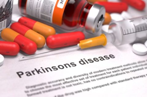 Pills an the word Parkinsons disease on paper