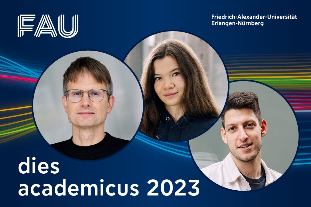 Collage of the FAU-innovators Bernadette Rauscher und Matthias Trost plus the text "dies academicus 2023"
