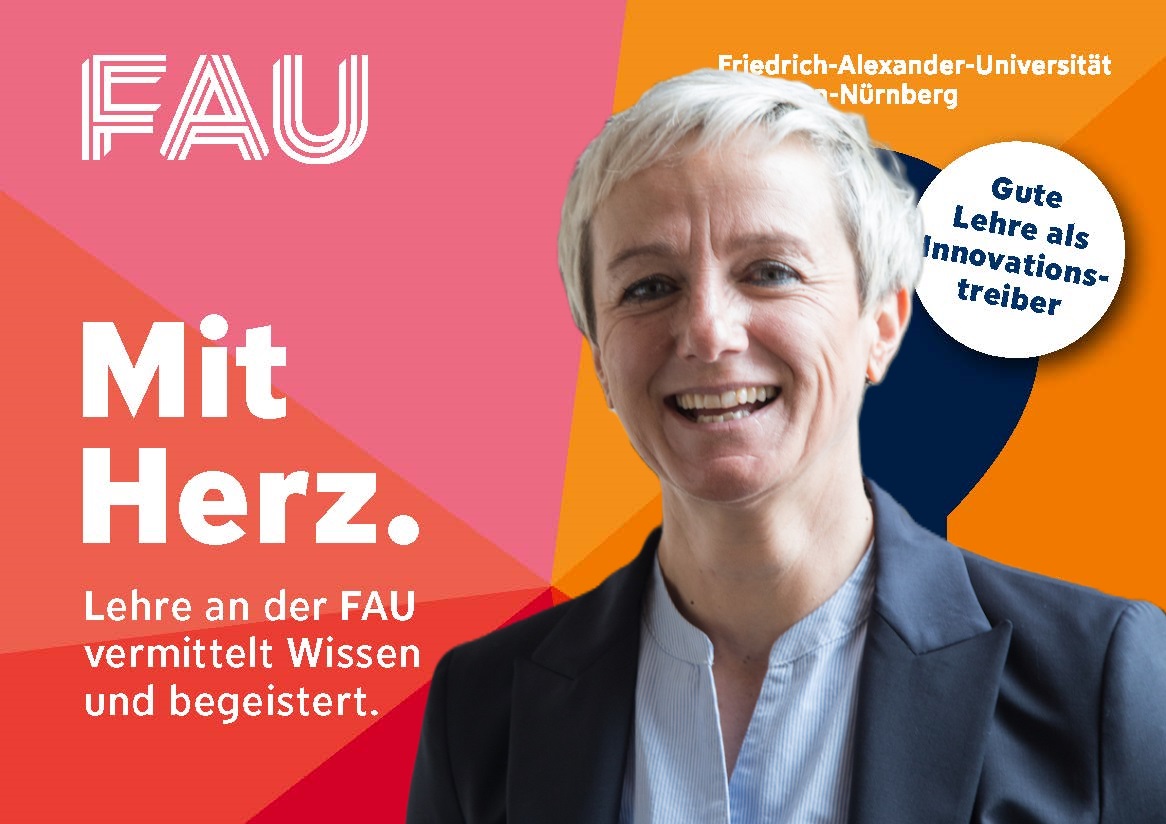 Bärbel Kopp in front of a colourful background with text