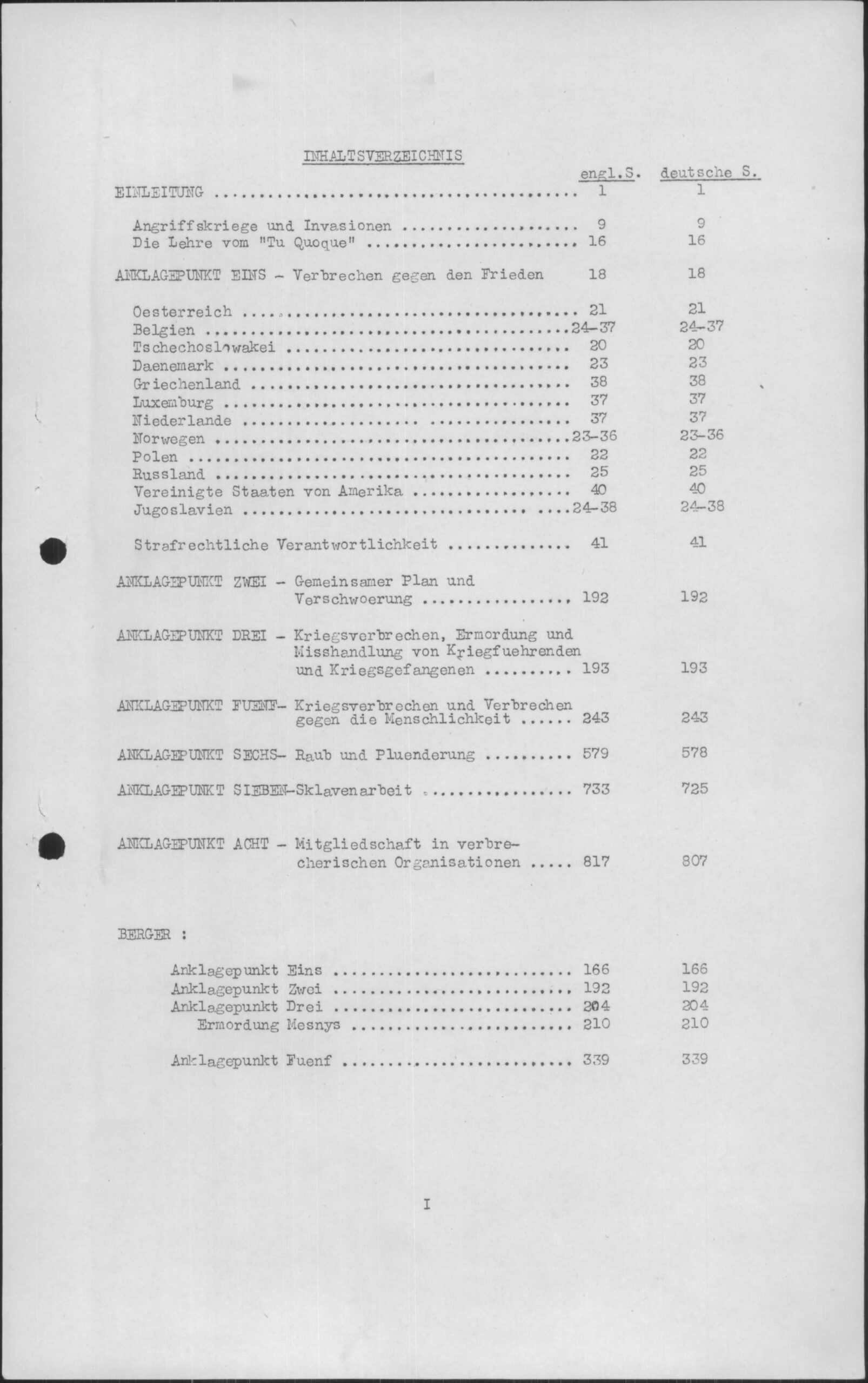 A typewritten table of contents.