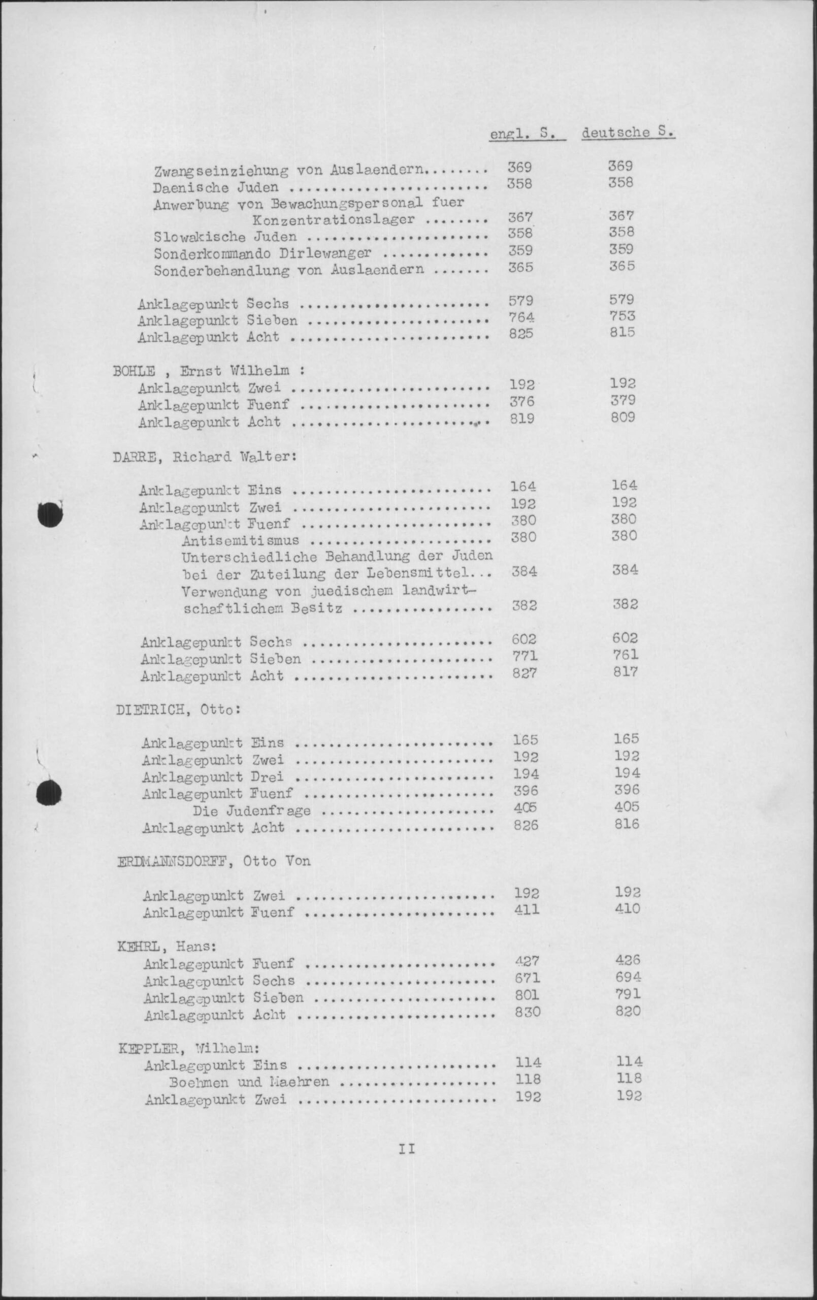 A typewritten table of contents.