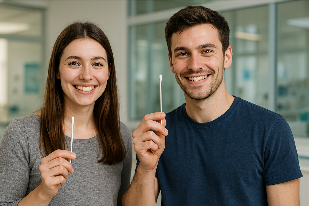 Zwo people holding testing kits