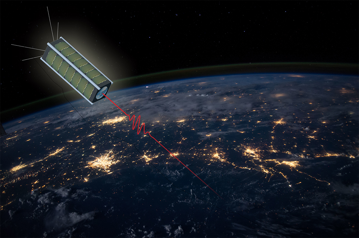 Graphics of the mini satellite sending a quantum key to earth.