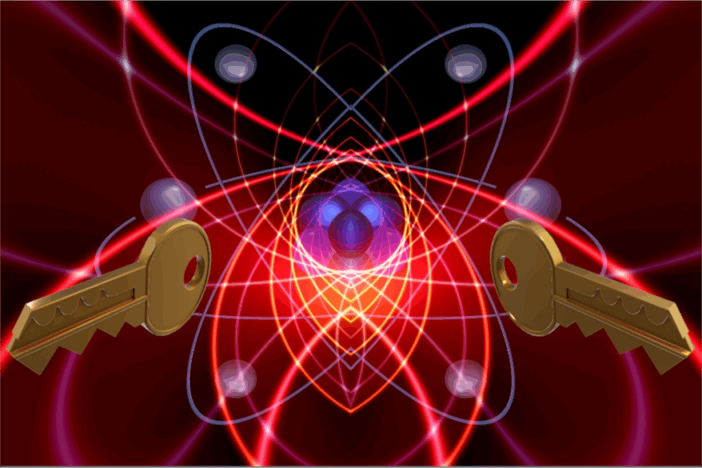 Symbolic representation of quantum key distribution: 2 house keys and quanta.