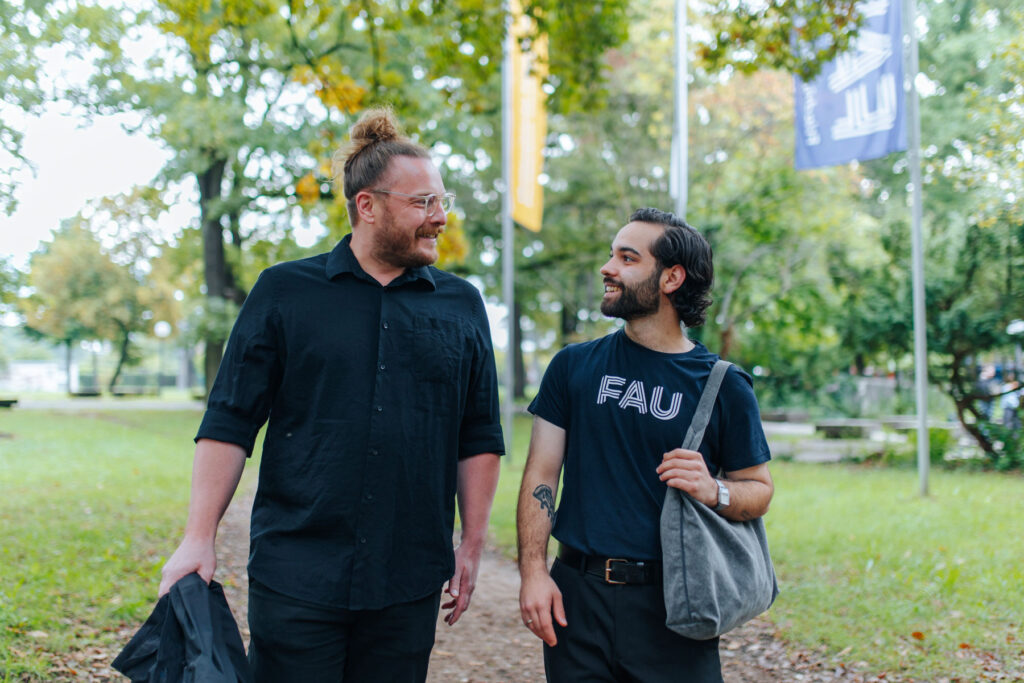 Two students talking to each other.