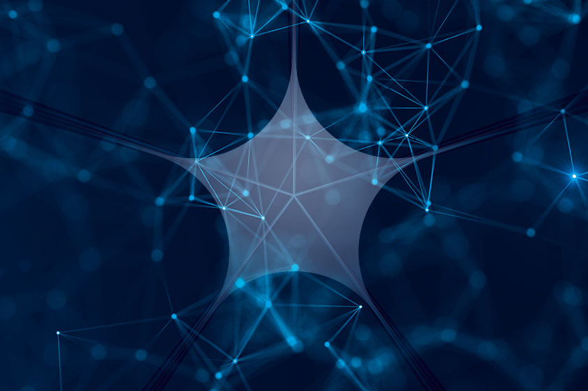 Grafische Darstellung: Auf blauem Hintergrund viele hellblaue Punkte, die miteinander verknüpft sind.