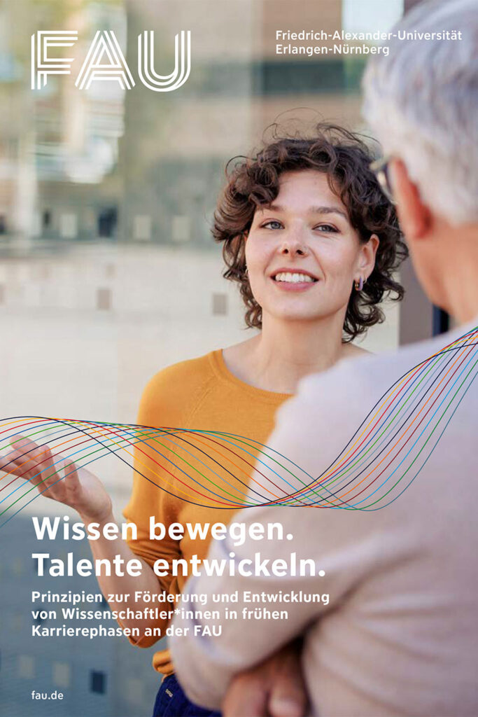 Cover of principles for promoting early career research: A woman and a man are having a conversation.