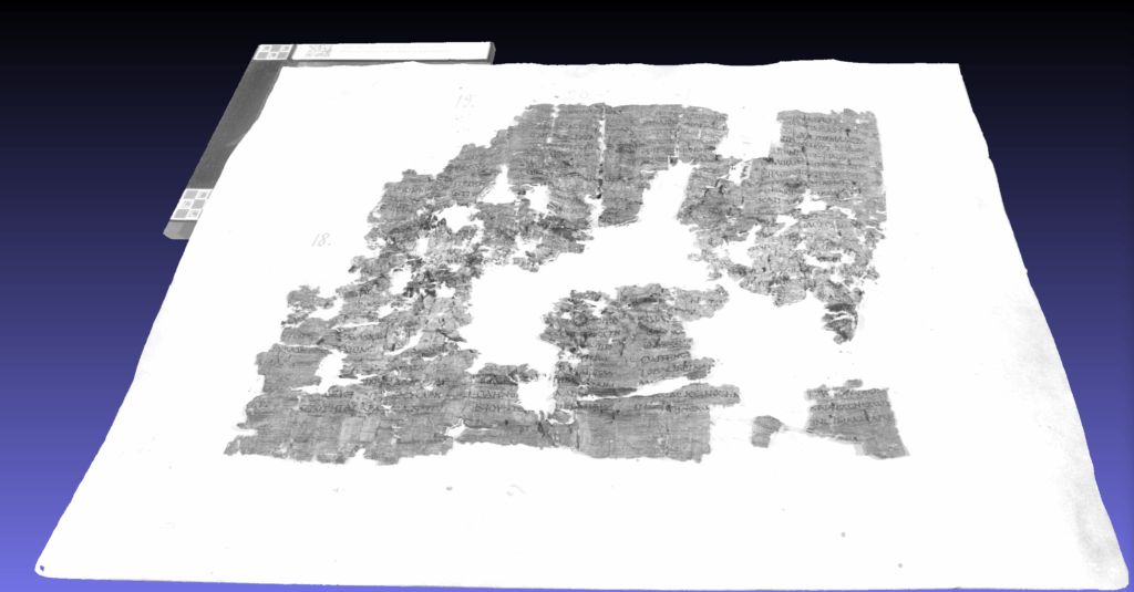 Minute fragments of papyrus on a light background. It is obvious that large pieces are missing.