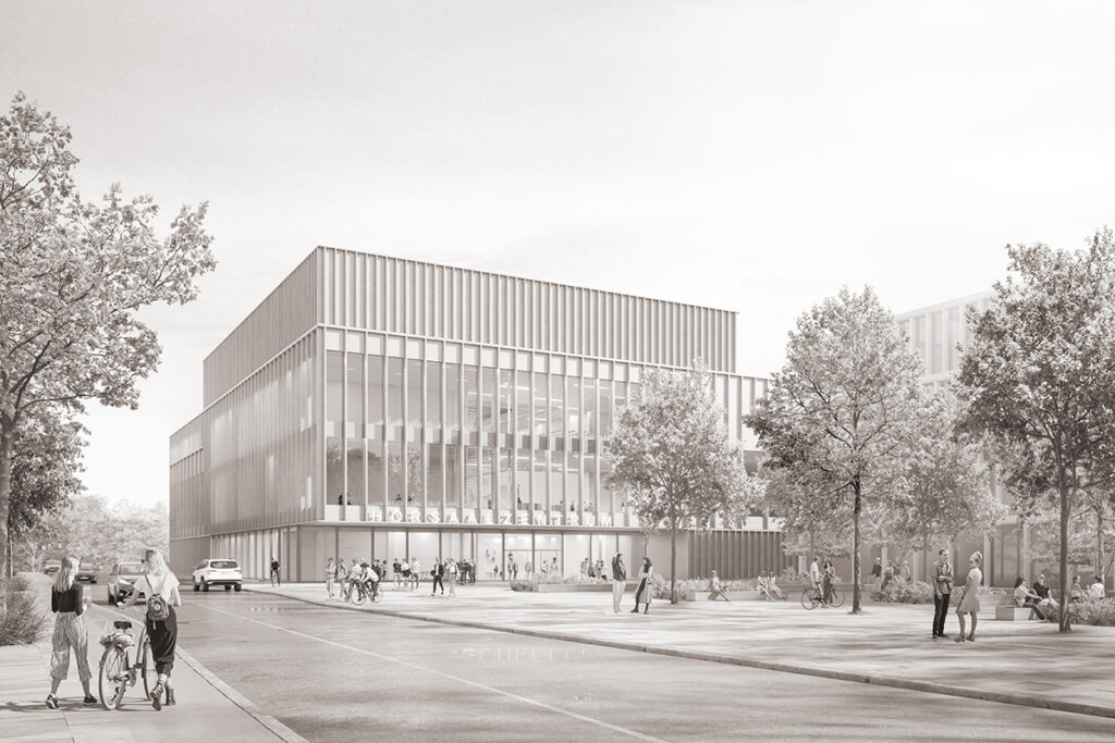 Black and white photo of a modern building.