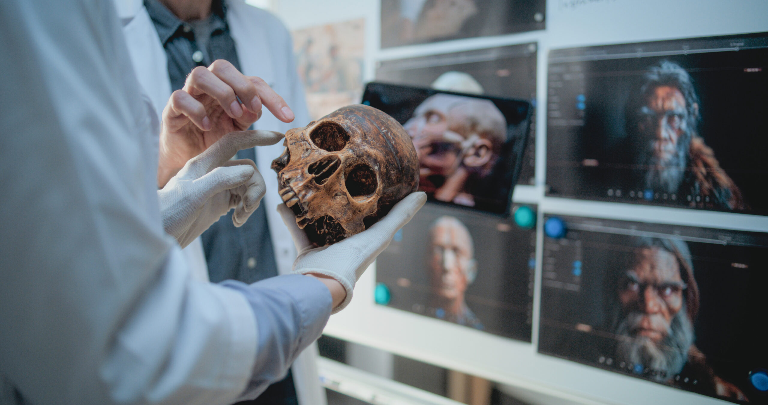 Wissenschaftler und Wissenschaftlerinnen untersuchen mithilfe eines Tablet-Computers die Anatomie eines fossilen Schädels eines Urmenschen. Archäologen arbeiten in einem archäologischen Labor. Tafel mit gedruckten Bildern einer 3D-Visualisierung eines menschlichen Kopfes.