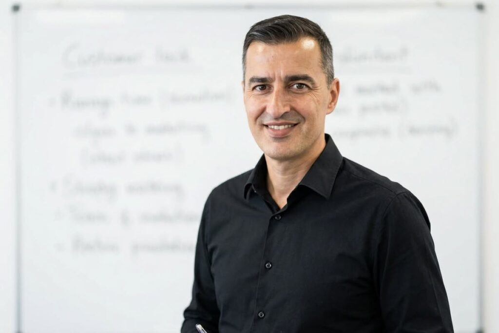 Serhat Gökce stands in front of a board and smiles at the camera