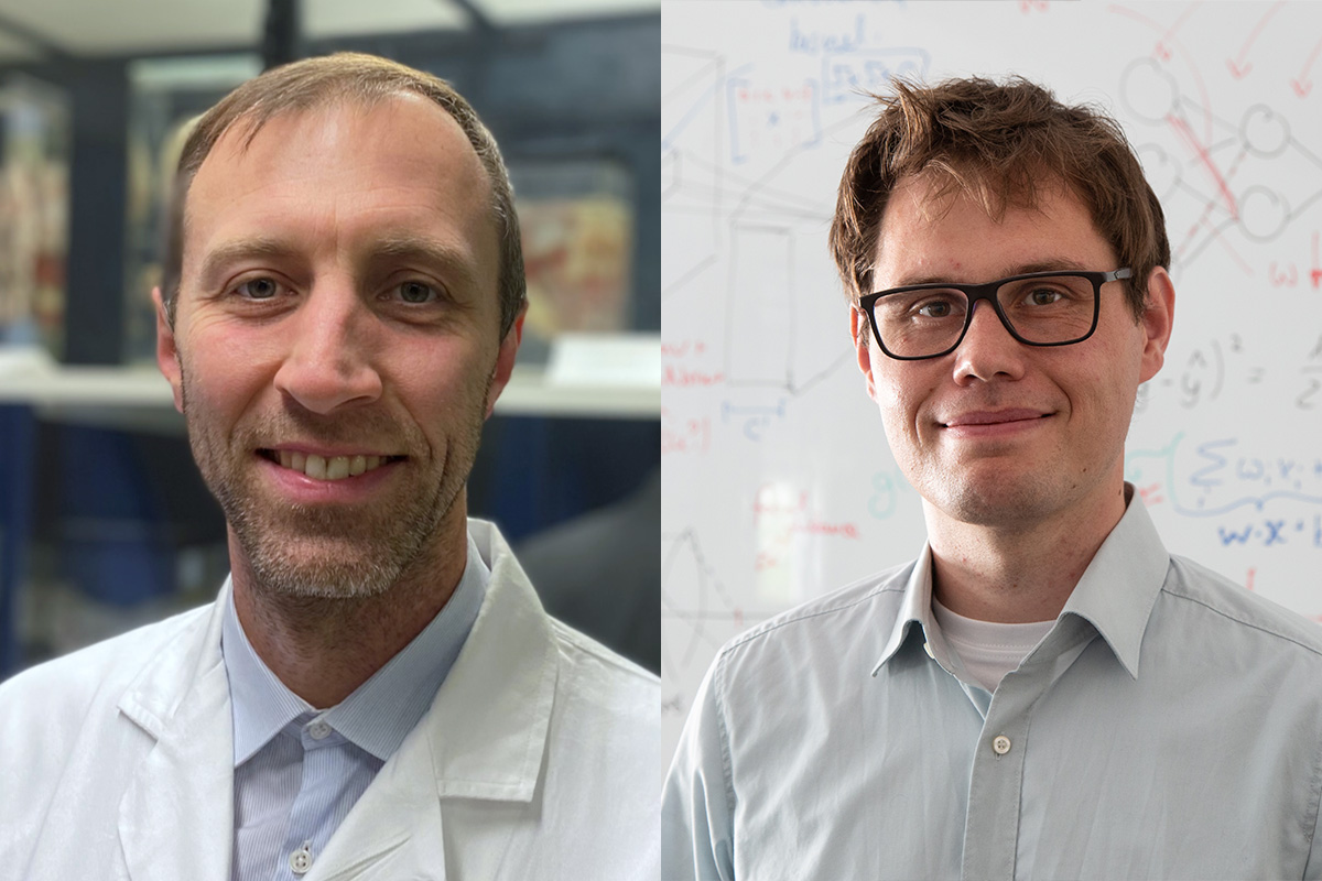 Links ein Foto von Philipp Arnold, der einen weißen Kittel trägt und in die Kamera lächelt. Rechts ein Portrait von Andreas Kist, der ein hellblaues Hemd und Brille trägt.