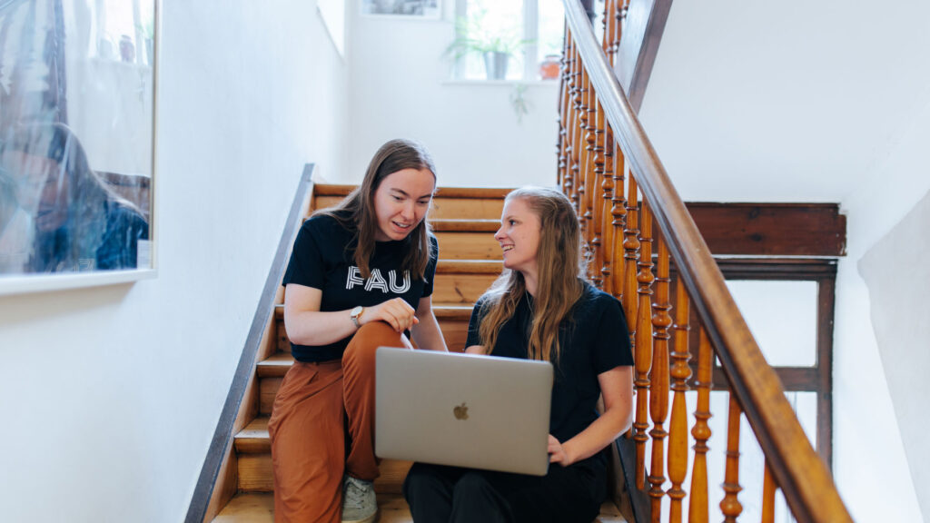 Two students sitting on wooden stairs, looking into a laptop.