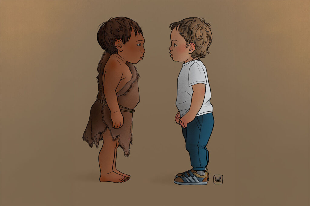 An illustration shows a human child wearing modern clothes and a Neanderthal child wearing fur clothing. They are standing face to face.