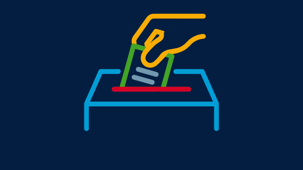 University election graphic: A hand drops a ballot into a ballot box..