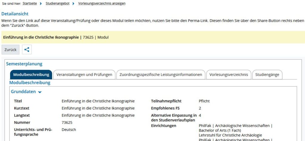 Screenshot from campo displaying the detailed view of a module with the tabs "Module description," "Lectures and examinations," "Information about activity and allocation," "Course catalog," and "Degree programs."