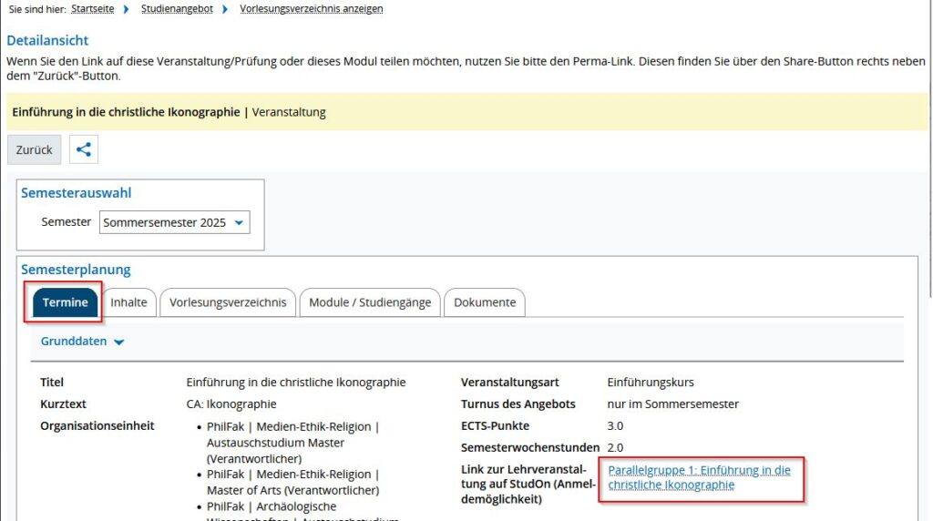 Screenshot from campo showing the detailed view of a course. The tab “Dates” is expanded and highlighted, as is the link to the course on StudOn.