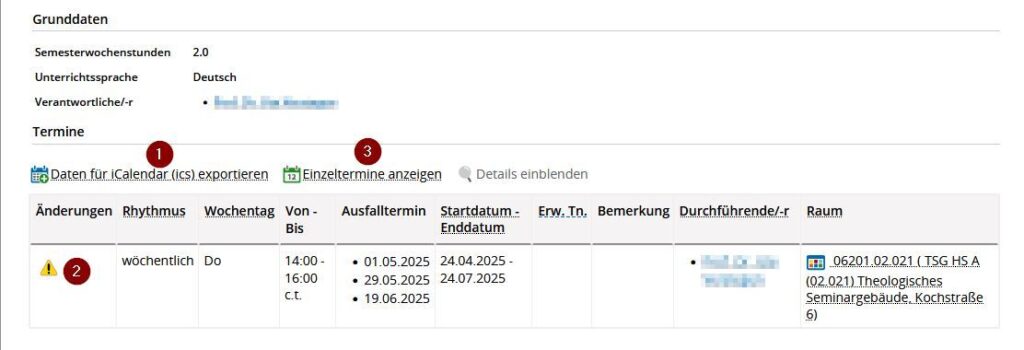 Screenshot from campo showing the "Basic data" and "Dates" sections on the "Dates" tab of the course detail view. The options “Export data as iCalender (ics)” and “Show individual dates” are numbered 1 and 3 and the yellow warning icon in the column “Changes” is numbered 2.