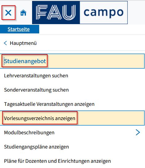 Screenshot from campo showing the expanded main menu. The menu path “Studies offered” and “Show university course catalog” is highlighted.