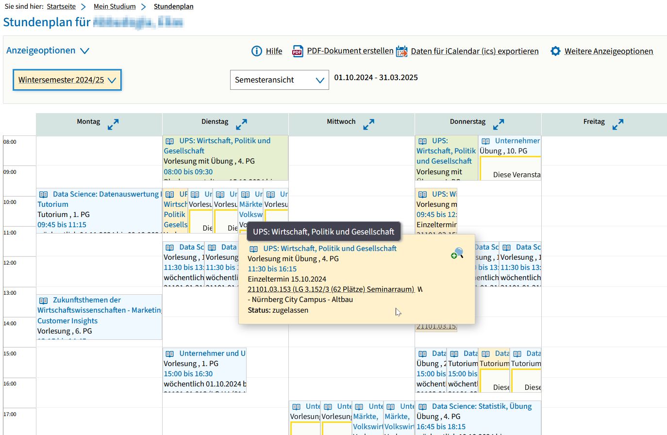 Screenshot from campo showing a sample schedule. One course has been enlarged by hovering over it with the cursor to make the entry large enough to read.