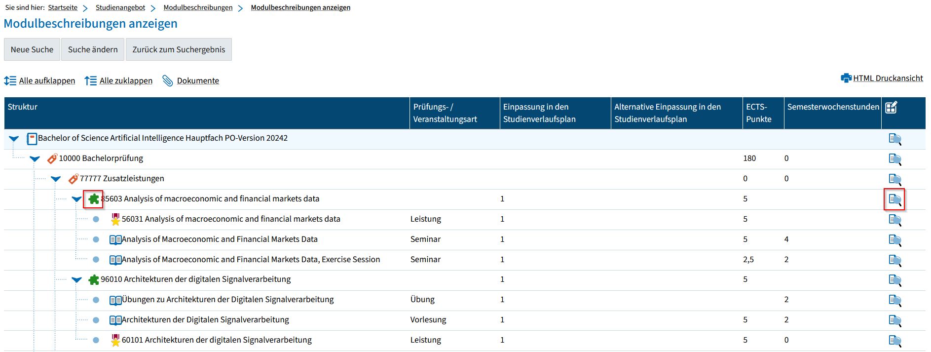 Screenshot from campo showing the structure of a degree program. The module icon (green jigsaw puzzle piece) and the magnifying glass icon for viewing the module description are highlighted.