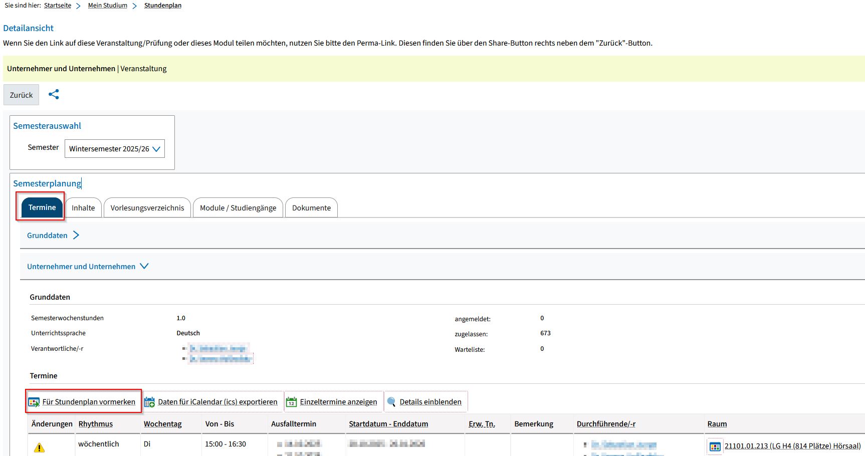 Screenshot from campo showing the detailed view of a course The “Dates” tab is highlighted and expanded. In the first parallel group section, the "Save to schedule” function is highlighted.