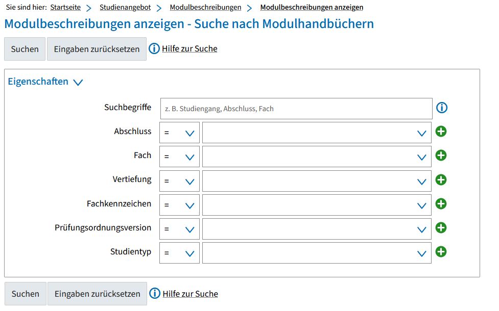 Screenshot from campo showing the search screen for module descriptions. The following fields are displayed in the attributes area: "Search term", "Degree", "Subject", "Specialization", "Subject code", "Examination regulations version", and "Type of study".