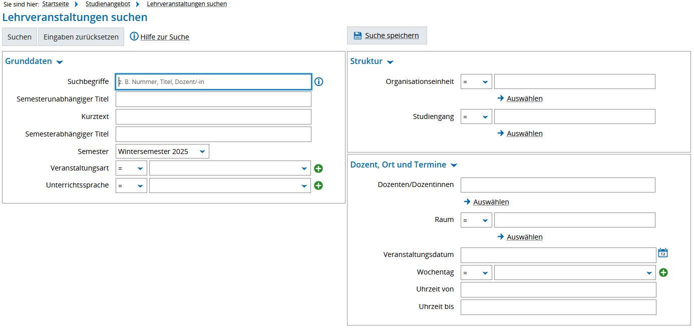 Screenshot from campo displaying the form for searching for a course.