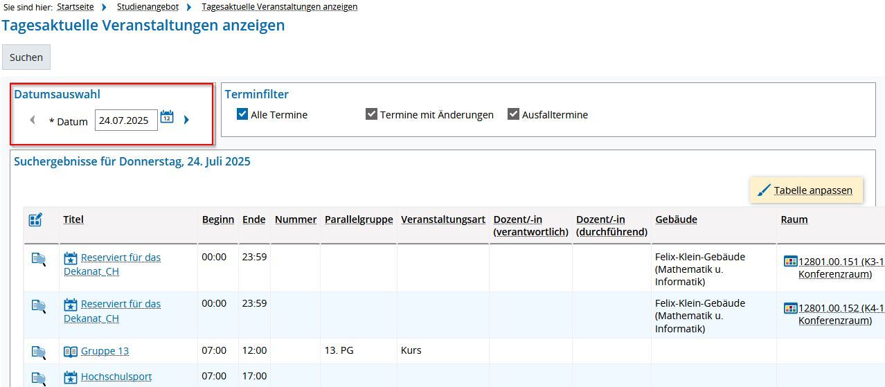 Screenshot from campo showing a list of courses for a specific date. The date selection is highlighted.
