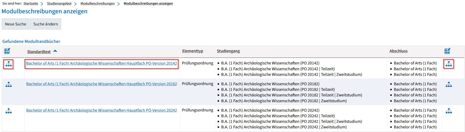 Screenshot from campo showing a results list for module handbooks The tree icon at the beginning and end of the table is highlighted, as is the title.