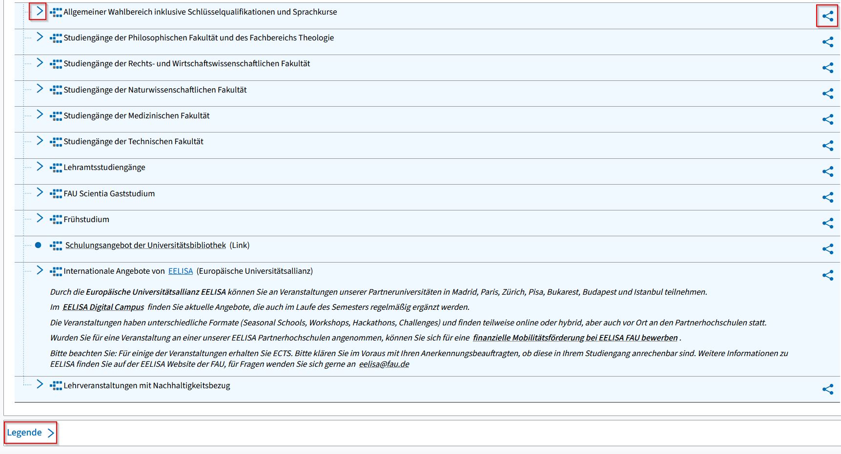 Screenshot from campo showing the tree structure of the course catalog. The arrow icon for expanding the various branches, the “permalink” function and the key beneath the tree structure are highlighted.