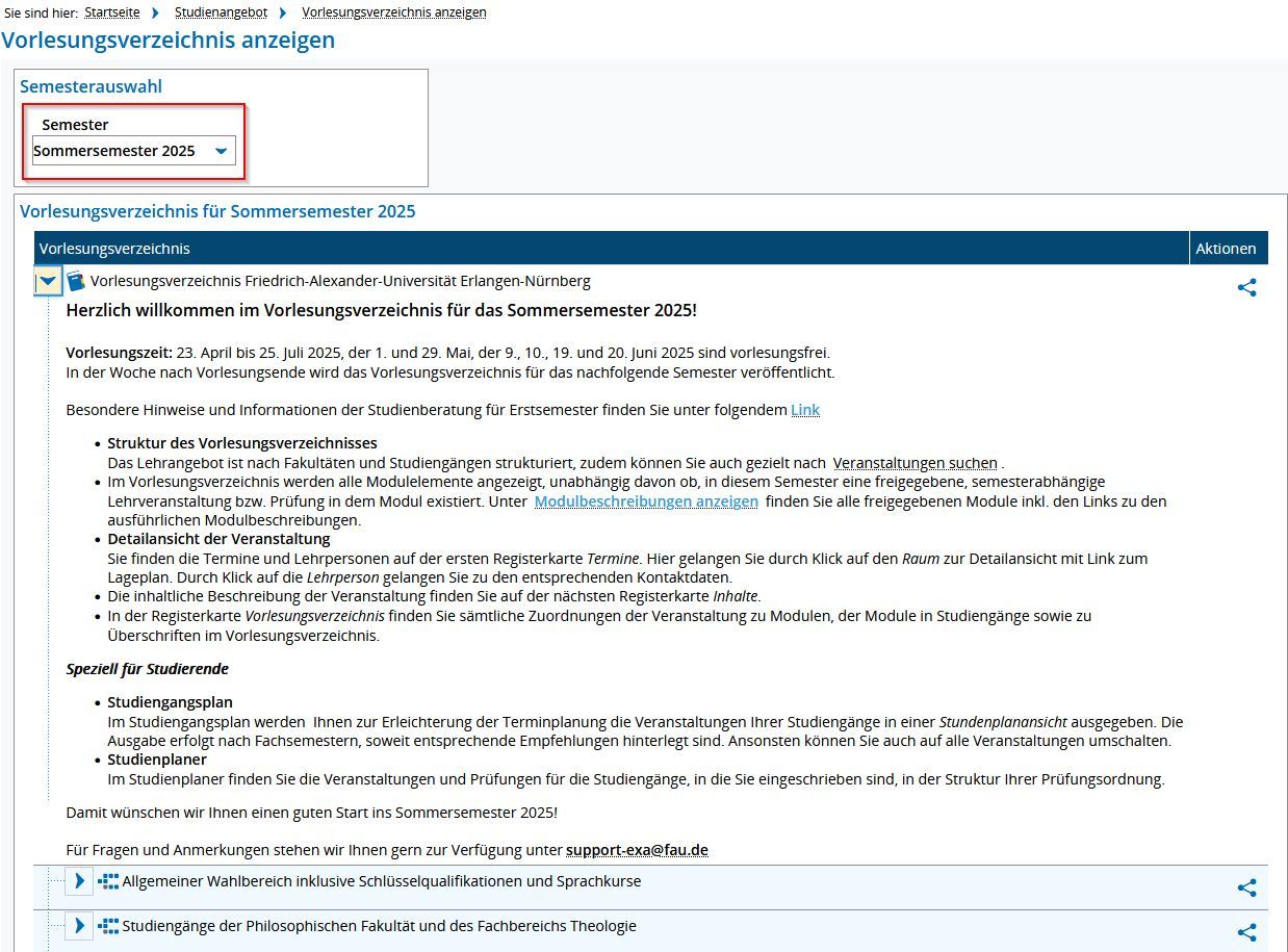 Screenshot from campo displaying the course catalog for summer semester 2025. The semester selection is highlighted.