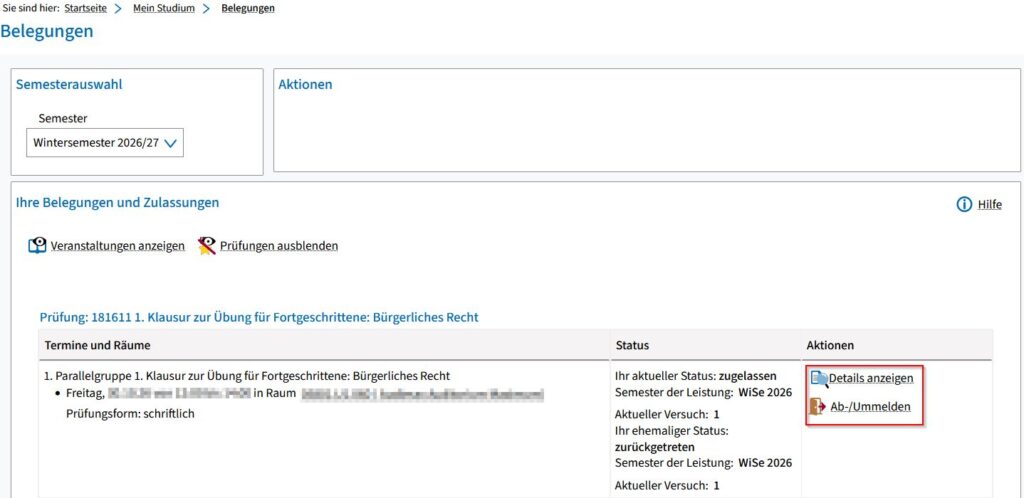 Screenshot from campo showing an example for an entry in “Show my enrollments”; the actions are highlighted.