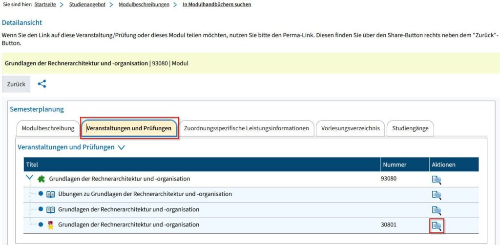 Screenshot from campo showing the detailed view of a module. The “Lectures and examinations” tab is highlighted and expanded. The magnifying glass icon for accessing the detailed view of the examinations is highlighted.