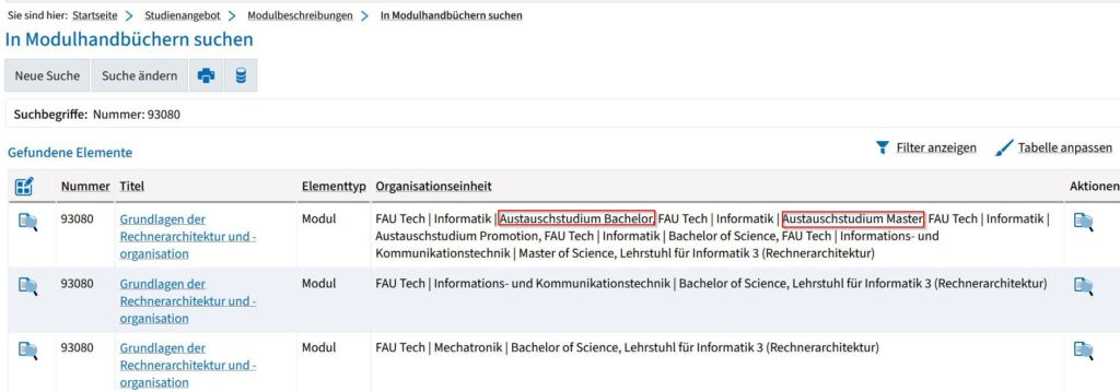 Screenshot from campo showing the results of a search. “Austauschstudium Bachelor” and “Austauschstudium Master” are highlighted.