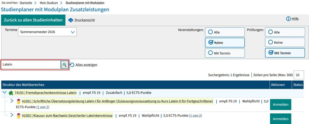 Screenshot from campo showing an overview of additional achievements. The search box for “Latin” is highlighted, and in the lower section you can see examples of examinations with the button for registering.