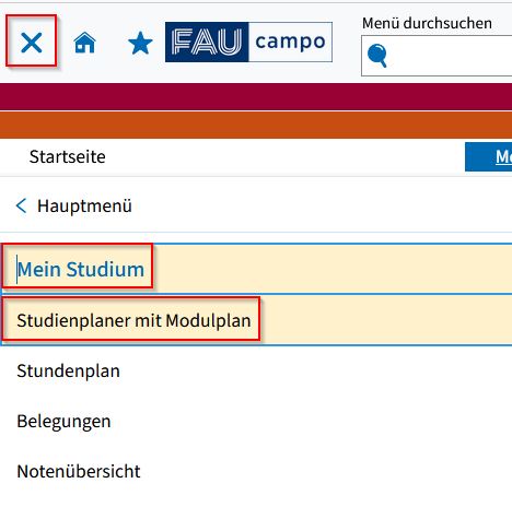 Screenshot from campo showing the expanded main menu. “My studies” and “Study planner with module plan” are highlighted.