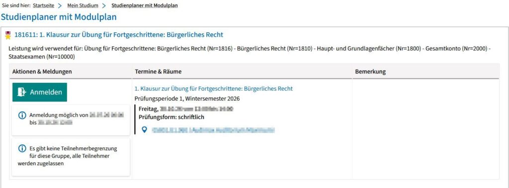 Screenshot from campo showing an example of the screen for registering for an examination with the details of the examination and the registration button.