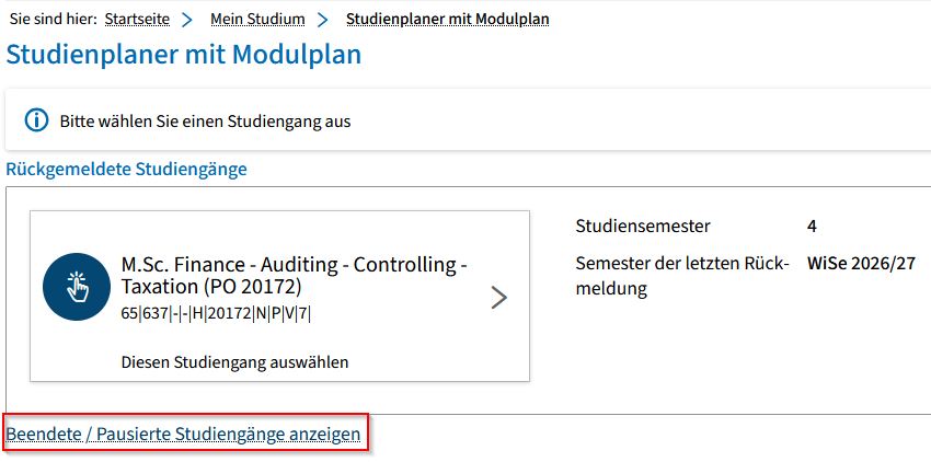 Screenshot from campo showing an example of degree programs which the student has re-registered for. The option “Show finished or paused course of studies” is highlighted.