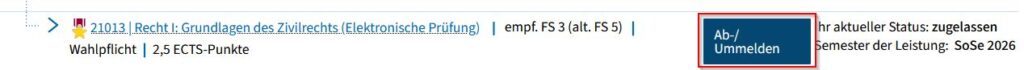 Screenshot from campo showing an examination a student has registered for in the study planner. The button “Sign off/cancel” is highlighted.