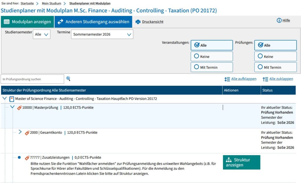 Screenshot from campo: Example of a study planner