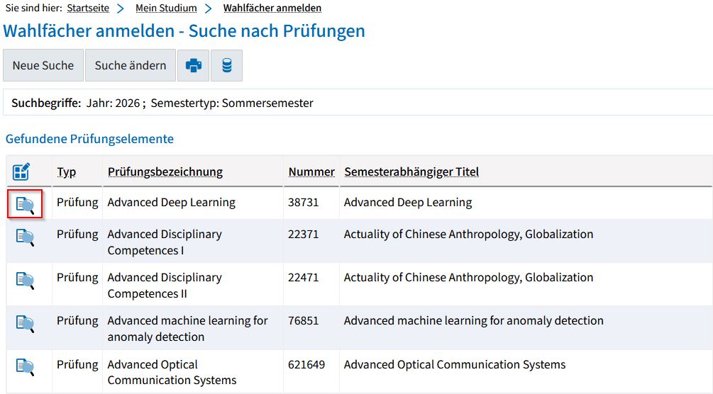 Screenshot from campo showing the results list for electives. The magnifying glass icon in the first column is highlighted.
